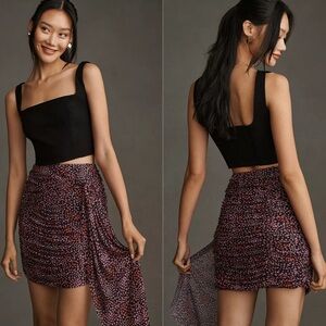 Anthropologie Purple Polka Dot Ruched Mini Skirt Size S Party Night Out Clubwear